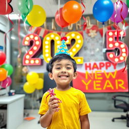 A joyful scene depicting a young boy celebrating in Sidip's office