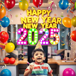 A lively scene showcasing a young boy celebrating in Sidip's office