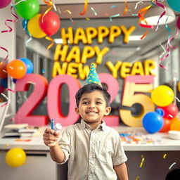 A lively scene showcasing a young boy celebrating in Sidip's office