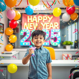 A lively scene showcasing a young boy celebrating in Sidip's office