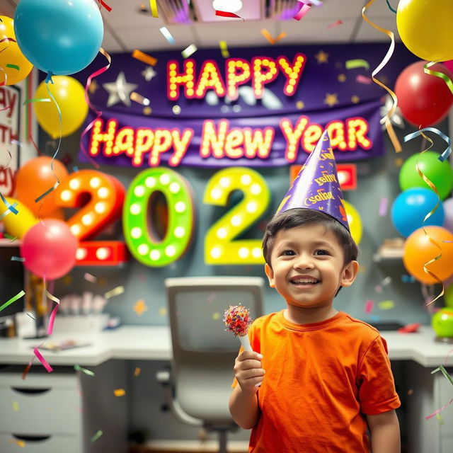 A lively scene showcasing a young boy celebrating in Sidip's office