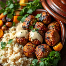A beautifully presented dish of grilled kofta tagine, garnished with a rich, creamy tahini sauce drizzled over the top