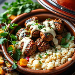 A beautifully presented dish of grilled kofta tagine, garnished with a rich, creamy tahini sauce drizzled over the top