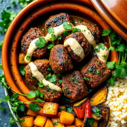 A beautifully presented dish of grilled kofta tagine, garnished with a rich, creamy tahini sauce drizzled over the top
