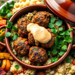 A beautifully presented dish of grilled kofta tagine, garnished with a rich, creamy tahini sauce drizzled over the top