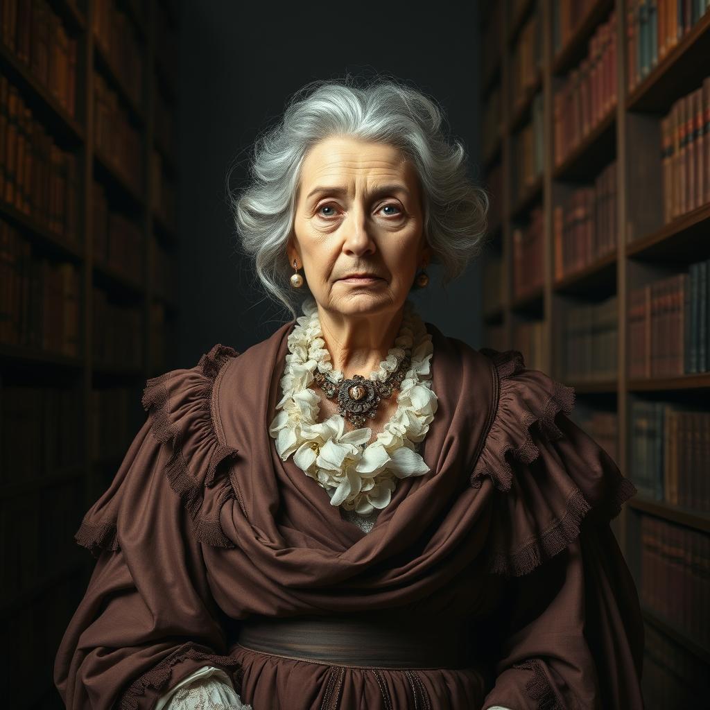 An older woman with strong grey hair, exuding wisdom, dressed in elaborate Victorian robes that flow gracefully around her