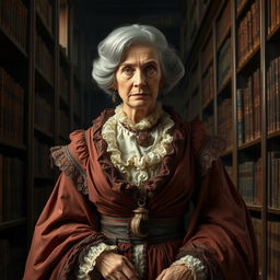 An older woman with strong grey hair, exuding wisdom, dressed in elaborate Victorian robes that flow gracefully around her