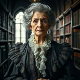 An older woman with strong grey hair, exuding wisdom, dressed in elaborate Victorian robes that flow gracefully around her
