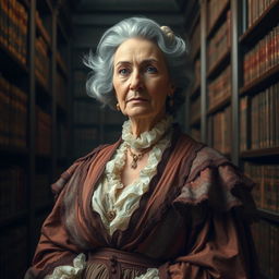 An older woman with strong grey hair, exuding wisdom, dressed in elaborate Victorian robes that flow gracefully around her