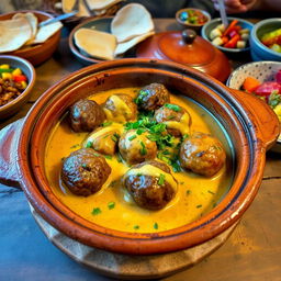 A delicious and beautifully presented clay pot of kofte (meatballs) cooked in a creamy tahini sauce, beautifully garnished with fresh herbs and olive oil