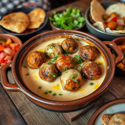 A delicious and beautifully presented clay pot of kofte (meatballs) cooked in a creamy tahini sauce, beautifully garnished with fresh herbs and olive oil