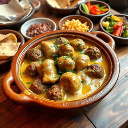 A delicious and beautifully presented clay pot of kofte (meatballs) cooked in a creamy tahini sauce, beautifully garnished with fresh herbs and olive oil