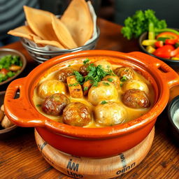 A delicious and beautifully presented clay pot of kofte (meatballs) cooked in a creamy tahini sauce, beautifully garnished with fresh herbs and olive oil