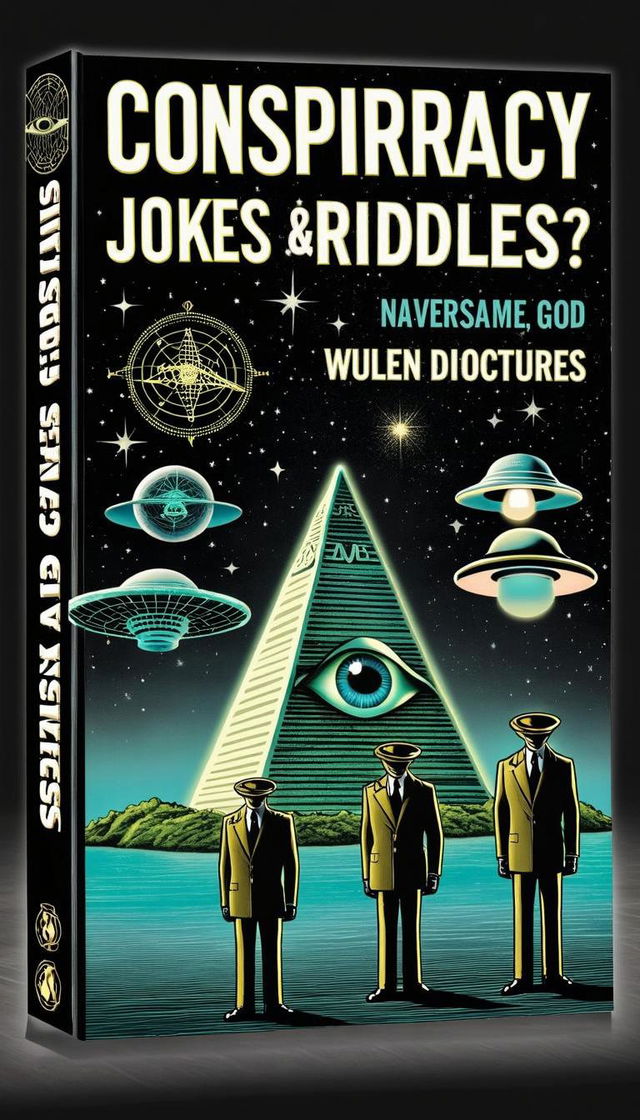 A whimsical book cover design featuring the slightly altered title "Conspirracy Jokes an Thoery and Riddles"