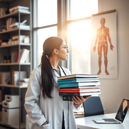 A medical student in a modern university setting, wearing a white lab coat, holding a stack of medical textbooks