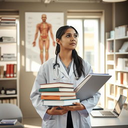 A medical student in a modern university setting, wearing a white lab coat, holding a stack of medical textbooks