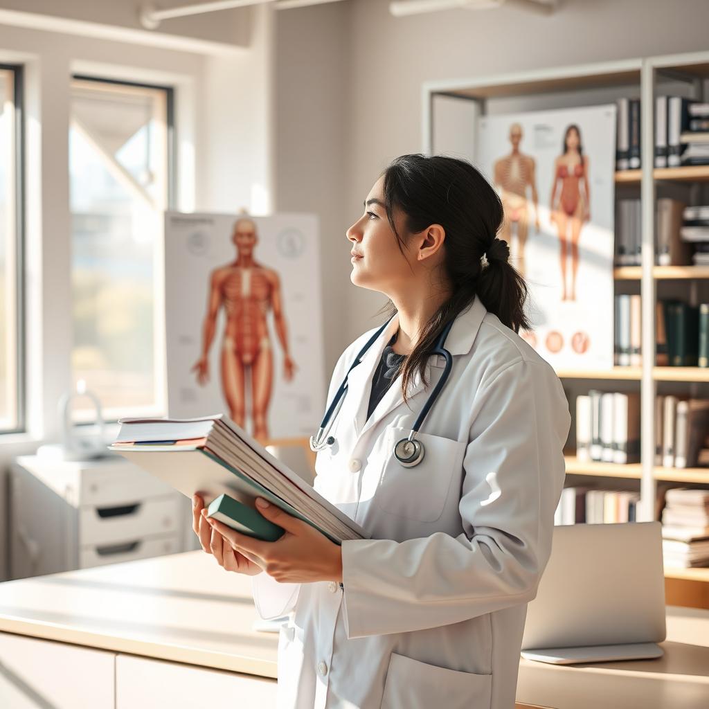 A medical student in a modern university setting, wearing a white lab coat, holding a stack of medical textbooks