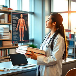 A medical student in a modern university setting, wearing a white lab coat, holding a stack of medical textbooks