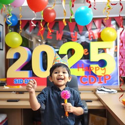 A lively scene featuring a young boy in Sidip's office, joyfully celebrating