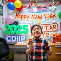 A lively scene featuring a young boy in Sidip's office, joyfully celebrating