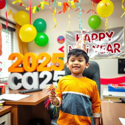A lively scene featuring a young boy in Sidip's office, joyfully celebrating