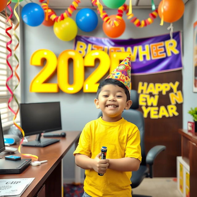 A lively scene featuring a young boy in Sidip's office, joyfully celebrating