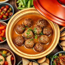 A beautifully plated dish of Kefta Tagine cooked in a rich tahini sauce, garnished with fresh herbs