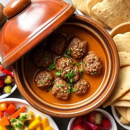 A beautifully plated dish of Kefta Tagine cooked in a rich tahini sauce, garnished with fresh herbs
