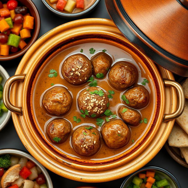 A beautifully plated dish of Kefta Tagine cooked in a rich tahini sauce, garnished with fresh herbs