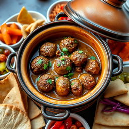 A beautifully plated dish of Kefta Tagine cooked in a rich tahini sauce, garnished with fresh herbs