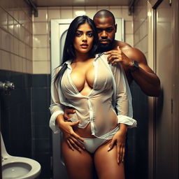 A sensual scene in a dirty public toilet featuring a seductive Pakistani woman, 25 years old, wearing a transparent wet shirt and bikini bottom, highlighting her big breasts and deep cleavage