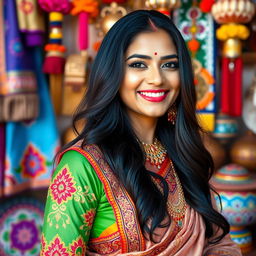 A portrait of an Indian woman celebrating her heritage, dressed in traditional attire, featuring beautiful intricate patterns and bright colors