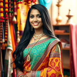 A portrait of an Indian woman celebrating her heritage, dressed in traditional attire, featuring beautiful intricate patterns and bright colors