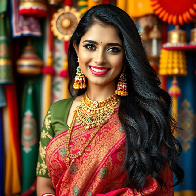 A portrait of an Indian woman celebrating her heritage, dressed in traditional attire, featuring beautiful intricate patterns and bright colors