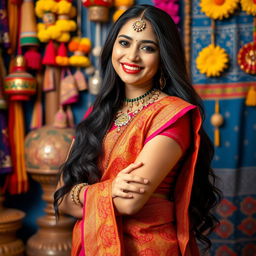 A portrait of an Indian woman celebrating her heritage, dressed in traditional attire, featuring beautiful intricate patterns and bright colors