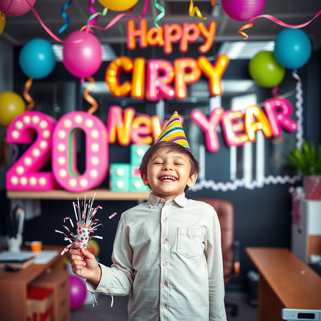 A vibrant scene featuring a young boy joyfully celebrating in an office setting