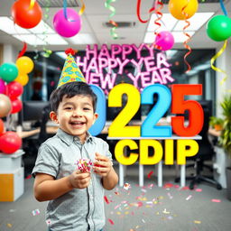 A vibrant scene featuring a young boy joyfully celebrating in an office setting