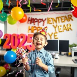 A vibrant scene featuring a young boy joyfully celebrating in an office setting