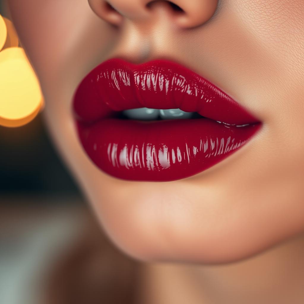 A close-up shot of luscious, full lips coated in a glossy red lipstick, glistening with a hint of moisture