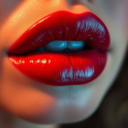 A close-up shot of luscious, full lips coated in a glossy red lipstick, glistening with a hint of moisture