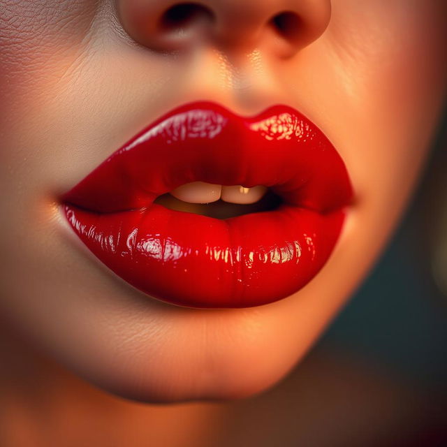 A close-up shot of luscious, full lips coated in a glossy red lipstick, glistening with a hint of moisture