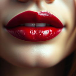 A close-up shot of luscious, full lips coated in a glossy red lipstick, glistening with a hint of moisture