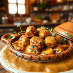 A beautifully arranged serving of a tagine with kofta cooked in a rich tahini sauce