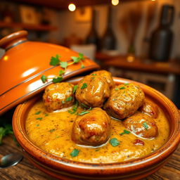 A beautifully arranged serving of a tagine with kofta cooked in a rich tahini sauce