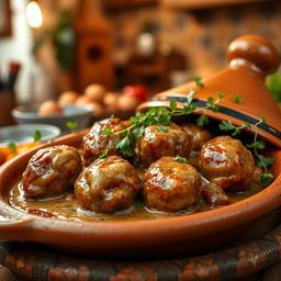 A beautifully arranged serving of a tagine with kofta cooked in a rich tahini sauce