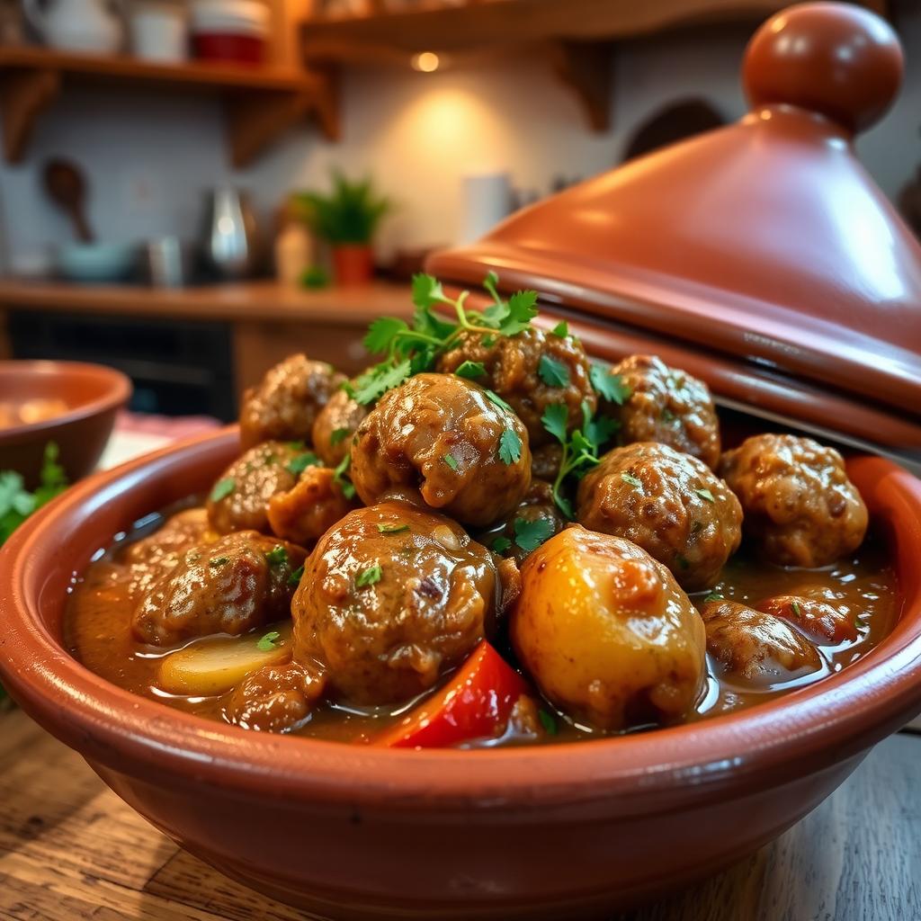 A beautifully arranged serving of a tagine with kofta cooked in a rich tahini sauce