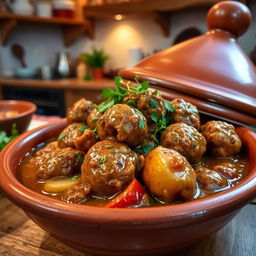 A beautifully arranged serving of a tagine with kofta cooked in a rich tahini sauce