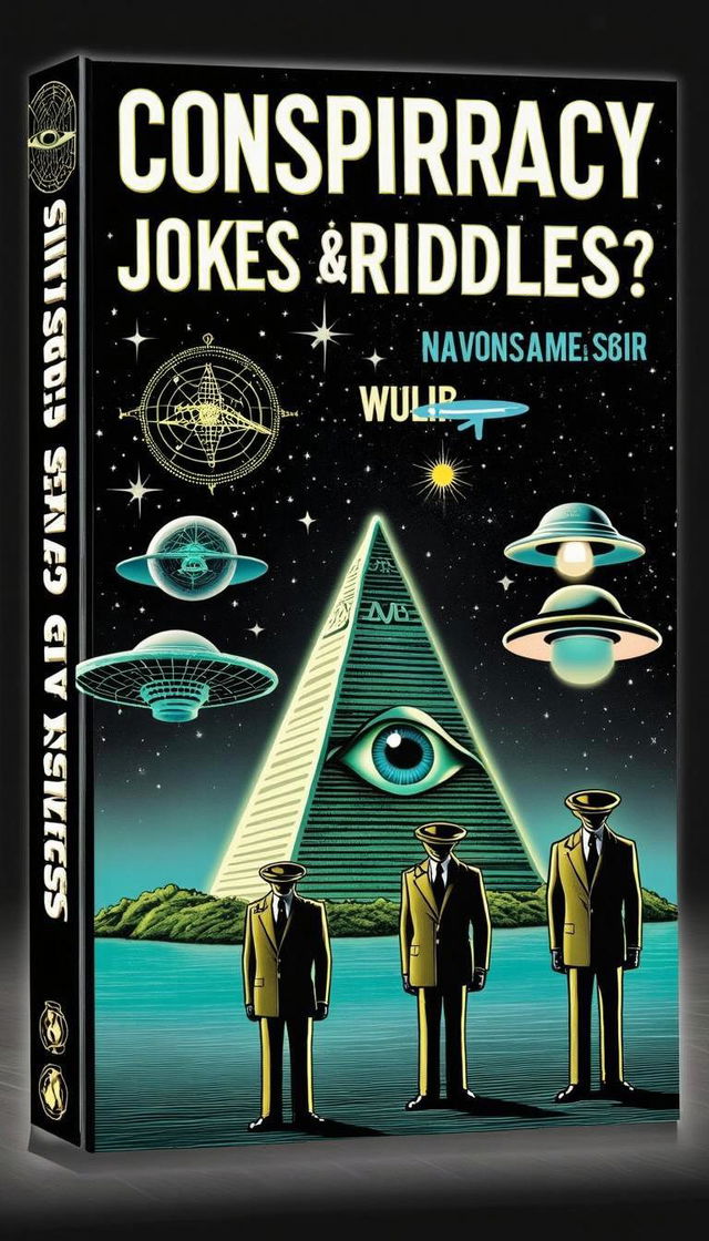 A playful book cover design for "Conspiracy Jokes & Riddles?" featuring a stylized pyramid with an all-seeing eye at the top