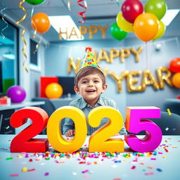 A cheerful scene featuring a young boy celebrating in an office environment