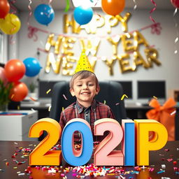 A cheerful scene featuring a young boy celebrating in an office environment